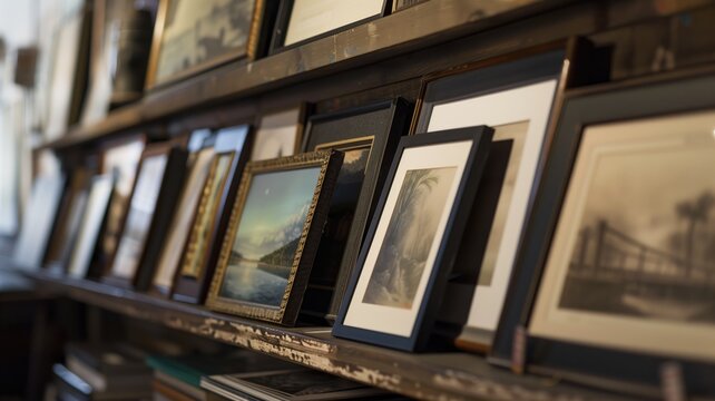 Selection of framed pictures displayed on a shelf