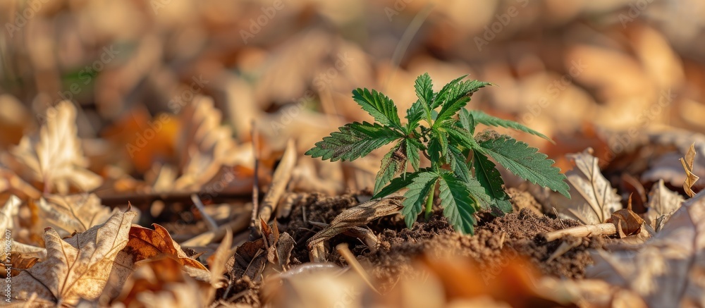 Sticker A small green plant is seen growing out of the earth on a sunny spring day. The plant appears to be a hemp tree sprig surrounded by a pile of dry leaves.