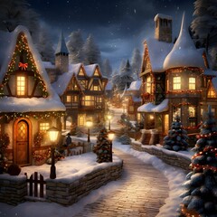 Digital Illustration of a Christmas Village at Night with Trees and Houses