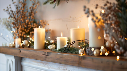 A home decor item on a mantlepiece with candles - obrazy, fototapety, plakaty