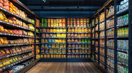 Supermarket view, wide perspective view shelves variety of products .Business concept. Created with generative AI.