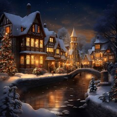 Winter night in european village with christmas trees and houses
