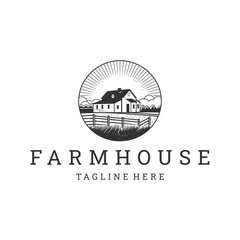 Farm house line art logo icon design template