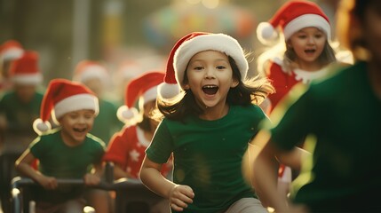Happy kids in red Santa hat have fun and laughing. Christmas games and fun.