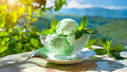 Image of mint-flavored ice cream taken outdoors.
