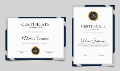 Blue certificate of appreciation border template design. Clean award diploma vector design