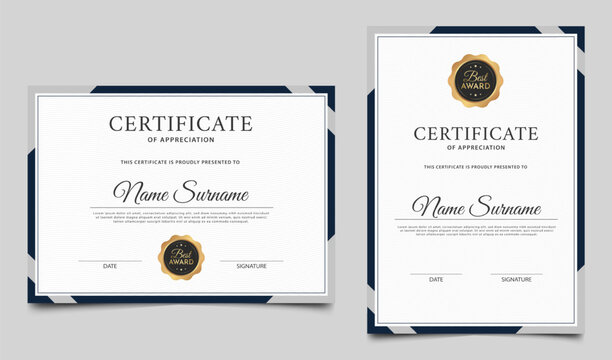 Blue certificate of appreciation border template design. Clean award diploma vector design