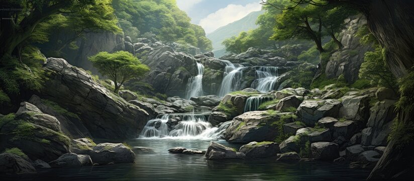A painting depicting a small waterfall flowing gracefully in the midst of a dense forest. The gentle waters cascade down the rocks, surrounded by lush greenery and towering trees.