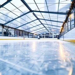 Perspective view of an empty ice skating rink sheltered by a clear roof with trees visible outside.