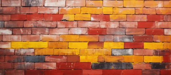 A vertical red brick wall with alternating yellow and gray bricks, creating a visually dynamic...