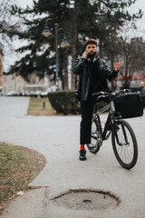 Obraz premium A modern male business entrepreneur communicates via smart phone while standing with a bicycle outdoors.