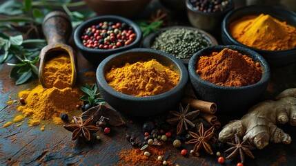 Variety of spices on kitchen table. Created with generative AI.