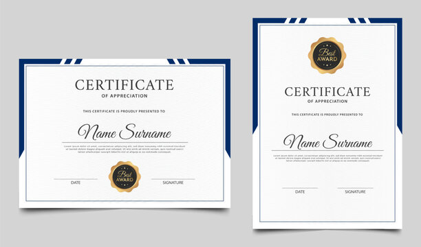 Blue certificate of achievement template design. Clean award certificate vector template 