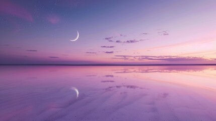 colorful from purple to soft green and clean horizon with few clouds and far with a crescent moon