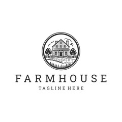Farm house line art logo icon design template