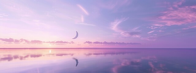 colorful from purple to soft green and clean horizon with few clouds and far with a crescent moon