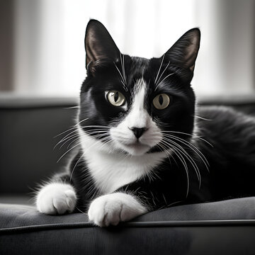 Captivating Black and White Portrait of a Domestic Short-Haired Cat in Leisurely Repose