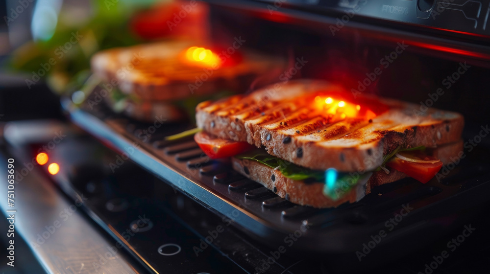 Poster a closeup of the indicator light on the sandwich maker signifying that the machine is preheated and 