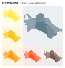 Turkmenistan map collection. Country shape with colored regions. Blue Grey, Yellow, Amber, Orange, Deep Orange, Brown color palettes. Border of Turkmenistan with provinces for your infographic.