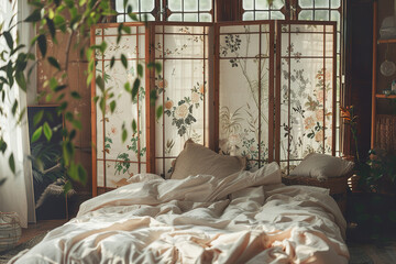 Tranquil oriental bedroom with traditional folding room divider