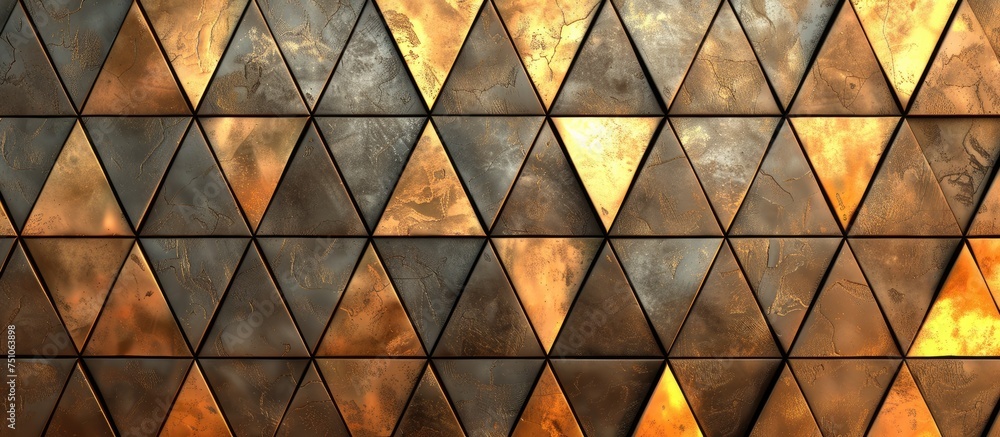 Poster a close-up view of a wall with a pattern of abstract triangular mosaic tiles. the design features ge