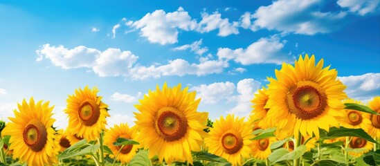 Obraz premium A field filled with tall sunflowers under a clear blue sky. The bright yellow flowers contrast beautifully with the deep blue backdrop, creating a stunning natural scene.
