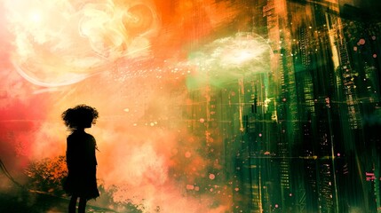  Abstract Dream Cityscape. A silhouette of a person against a vibrant abstract cityscape, evoking a dreamy artistic atmosphere.