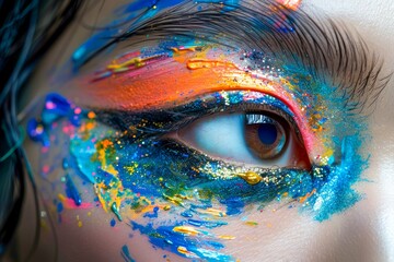 Vibrant Eye Makeup with Colorful Paint Splashes and Glitter on Female Model Close-Up