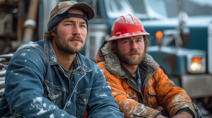 Fototapeta premium Two truckers sitting on a bench talking in a blurry truck background, two Parents sitting on bench , Generated With AI