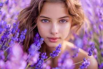 Young Woman Posing in a Lavender Field at Sunset, Natural Beauty, Lifestyle and Wellness Concept