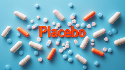 The word "placebo" placed amidst a circular arrangement of assorted pills and vitamin on a solid blue background. Flat lay. World health day.