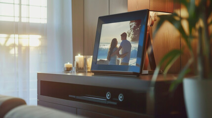 A zoomed in shot of the hubs touch screen display which also functions as a digital photo frame displaying a family photo in crisp detail.