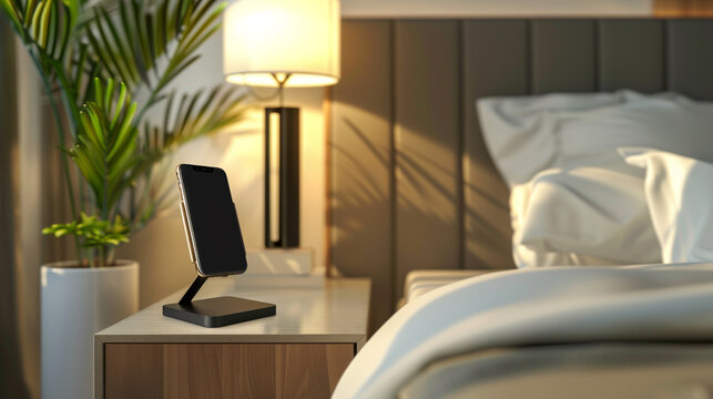 martphone stand on a bedside table with a lamp