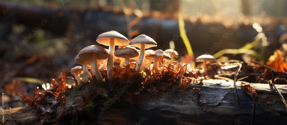 Poster a cluster of mushrooms with a brown crusty appearance sits atop a decaying log in a forest setting.