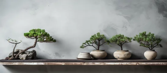 Gordijnen A row of young pine bonsai trees is creatively displayed on a wooden shelf, creating a striking contrast with the surrounding cement material. Each tree is meticulously pruned and cared for to © AkuAku
