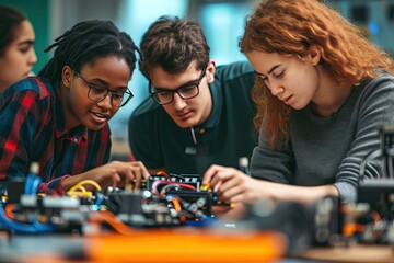 Group of diversity multiethnic students building and programming electric toys and robots at robotics classroom