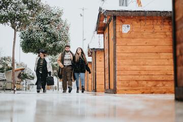 Three young colleagues bundled up in winter attire walk along a snowy sidewalk in the city, exuding a professional yet casual vibe.