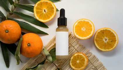 oils with  orange fruits, , skincare serum bottle with label with white background, space for text, beauty product top view, oranges and lemons