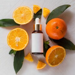 oils with  orange fruits, , skincare serum bottle with label with white background, space for text, beauty product top view, oranges and tangerines