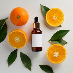 oils with  orange fruits, , skincare serum bottle with label with white background, space for text, beauty product top view