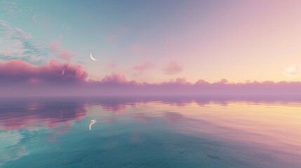 colorful from purple to soft green and clean horizon with few clouds and far with a crescent moon