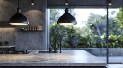 A minimalist kitchen features a of industrial pendant lights above a marble island creating a modern and functional aesthetic. - obrazy, fototapety, plakaty