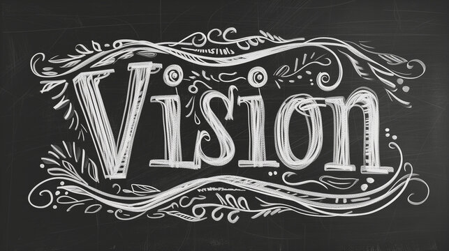 The word "vision" is neatly written in white chalk on a blackboard, standing out against the dark background