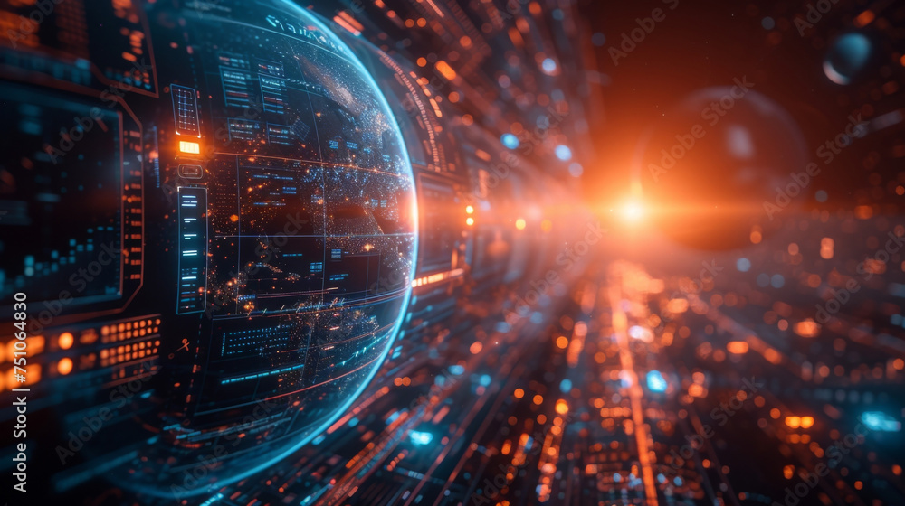 Poster a neon blue globe filled with patterns and data visualizations is the centerpiece of this futuristic
