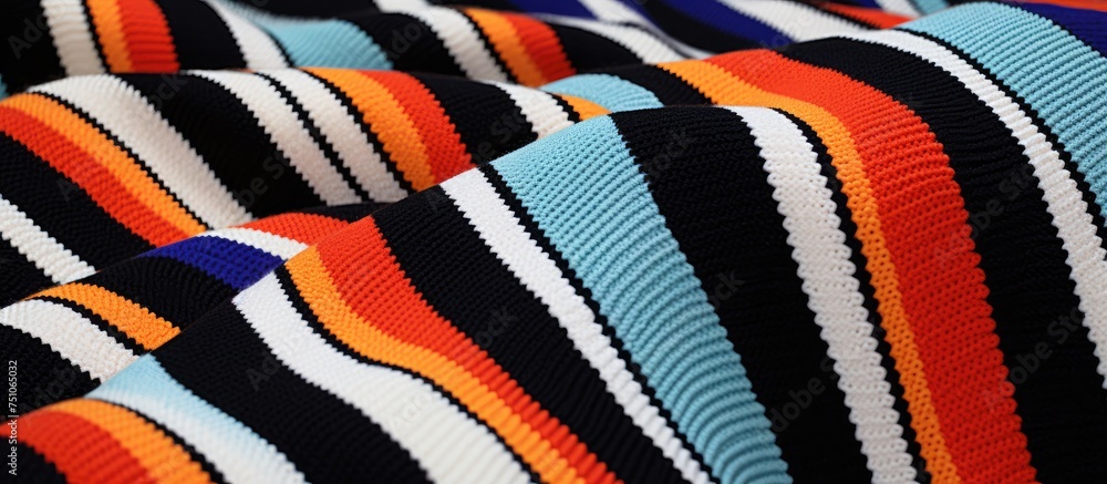 Poster a close-up view of a multi-color sweater with a striped white and black pattern, providing a visuall