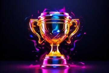 gold trophy cup with neon light e sports championship - obrazy, fototapety, plakaty