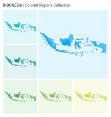 Indonesia map collection. Country shape with colored regions. Light Blue, Cyan, Teal, Green, Light Green, Lime color palettes. Border of Indonesia with provinces for your infographic.