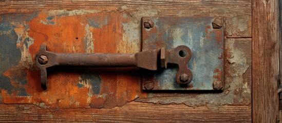 A weathered, rusted metal handle is affixed to a wooden door, adding a touch of vintage charm to the entrance. The handle shows signs of age and wear, contrasting with the sturdy wooden door that it