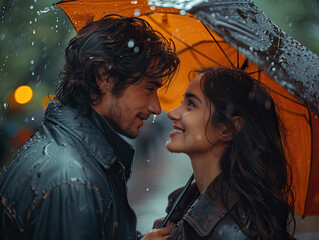 A romantic scene of a couple close together under an orange umbrella in the rain with bokeh lights