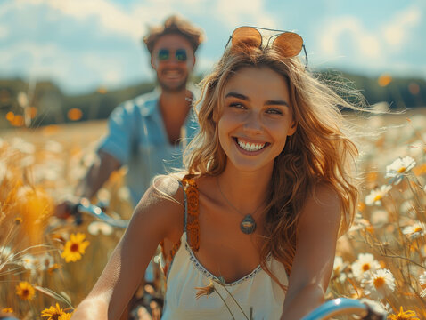 A young woman joyously riding a bike in a field of flowers, with a man in the background